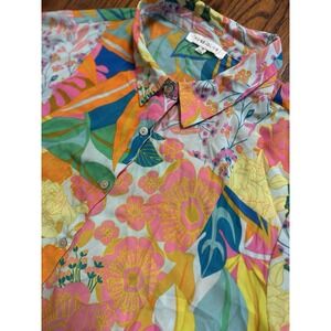 Rose And Olive Retro‎ Flower Groovy Shirt Women's 1X Neon Button Down